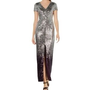 Calvin Klein Sequined Ombre Maxi Dress Silver Purple V-Neck Ball Gown Size 8